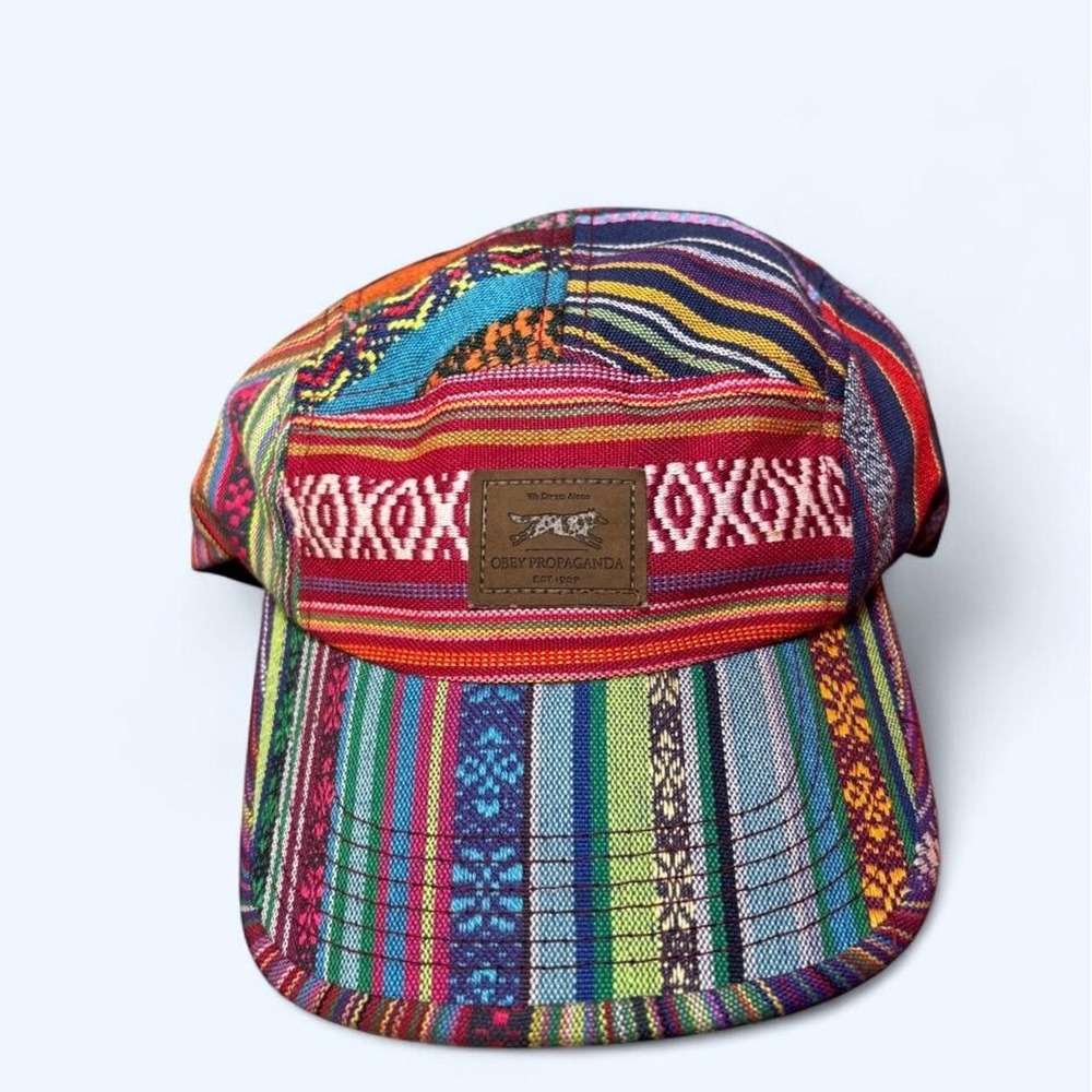 colorful bright boho vintage OBEY aztec hat with leather straps indie punk